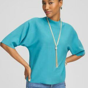 Chico's Teal Sweater Short Sleeve Mock Neck Wide Elbow Sleeves Sz L (2) Soft